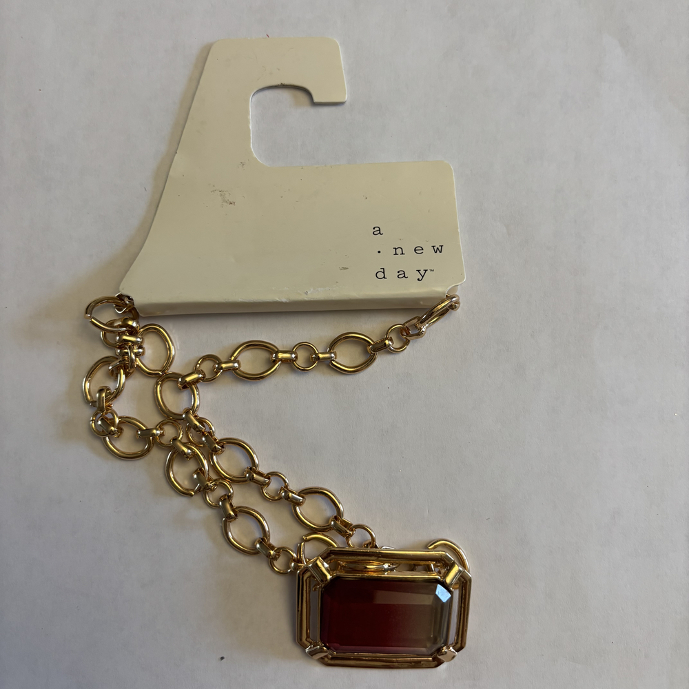 A New Day Gold Tone Bezel-Set Emerald-Cut Red Gem Pendant Necklace NWT